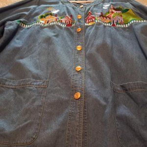 BOB MACKIE Wearable Art Denim Shirt Small Town Scene Embroidered Top. 2X